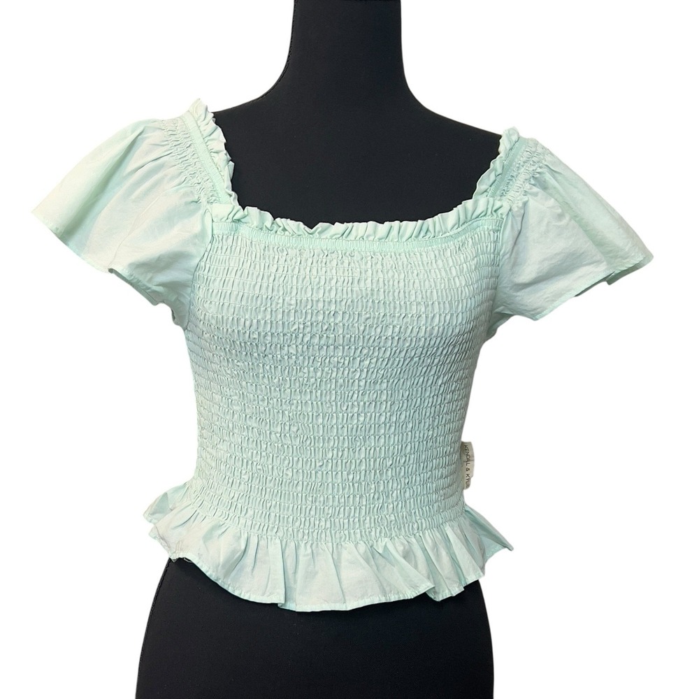 Kendall & Kylie Smocked Ruffle Crop Top Mint Green Flutter Sleeves Jrs Op Medium